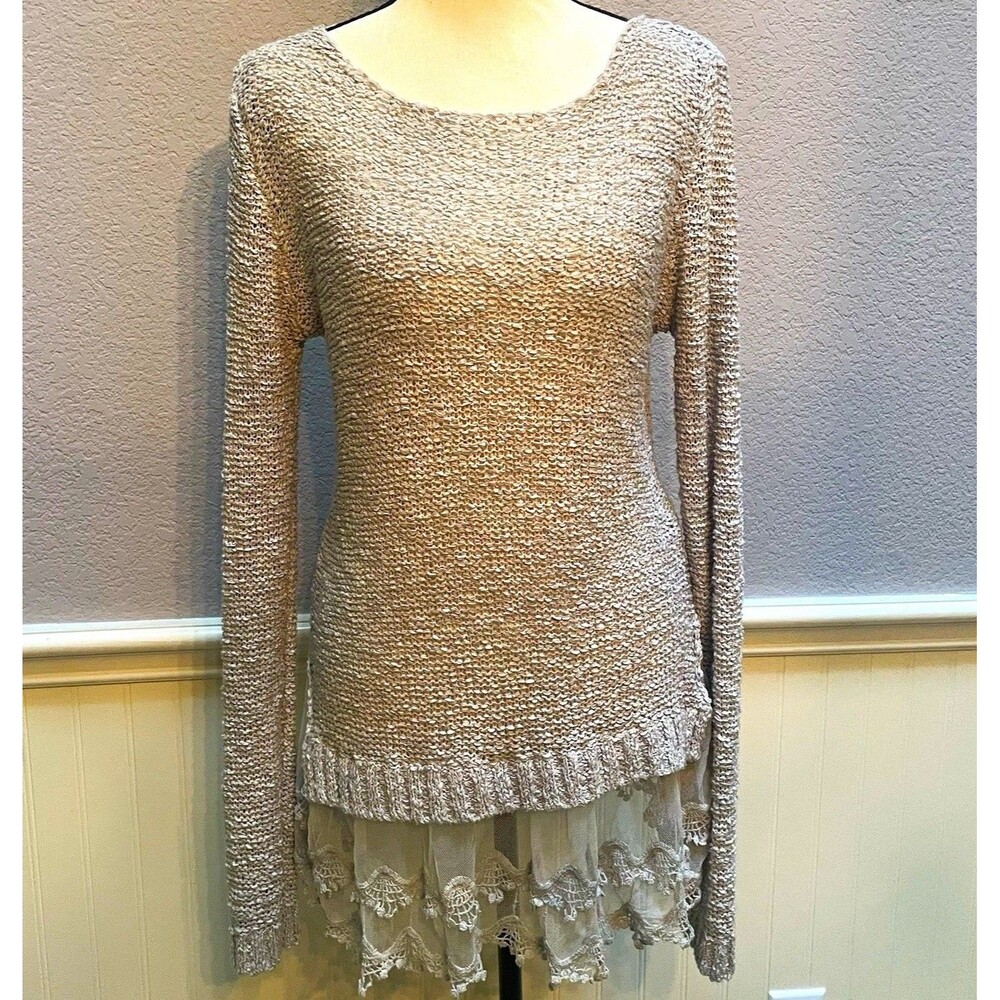 KATE Collection USA Open Knit Lace Trim Tunic Sweater Top Sz ML Cottagecore Boho